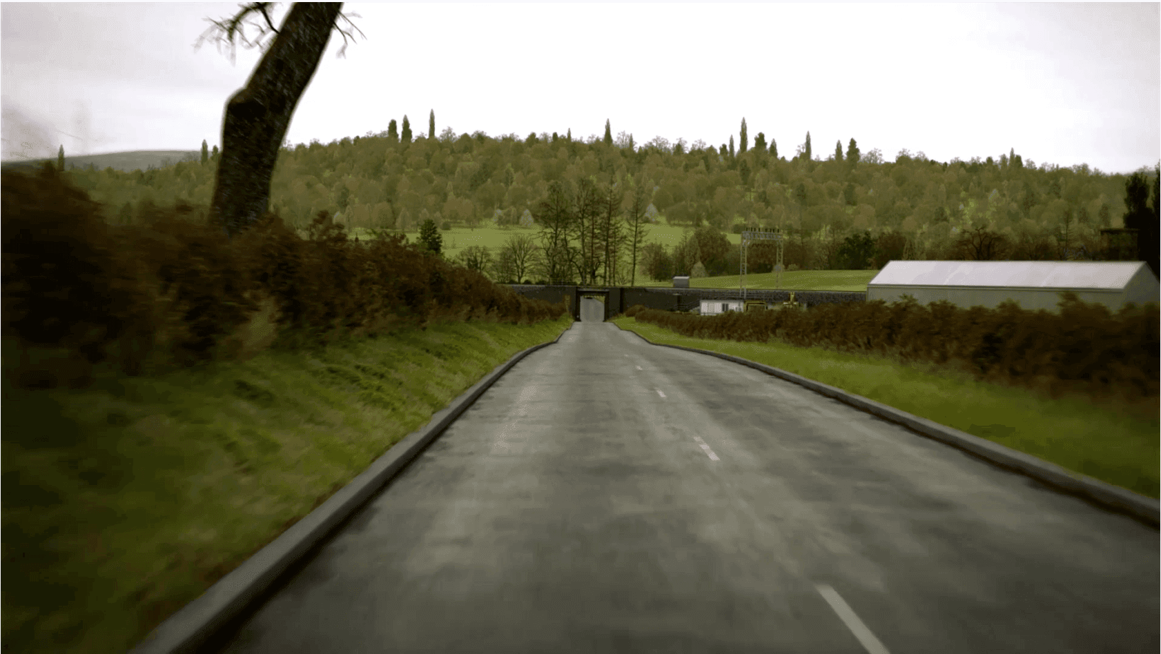 A hazard perception clip playing full screen in landscape
