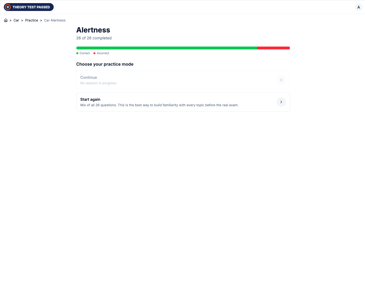 A topic page showing progress and practice modes